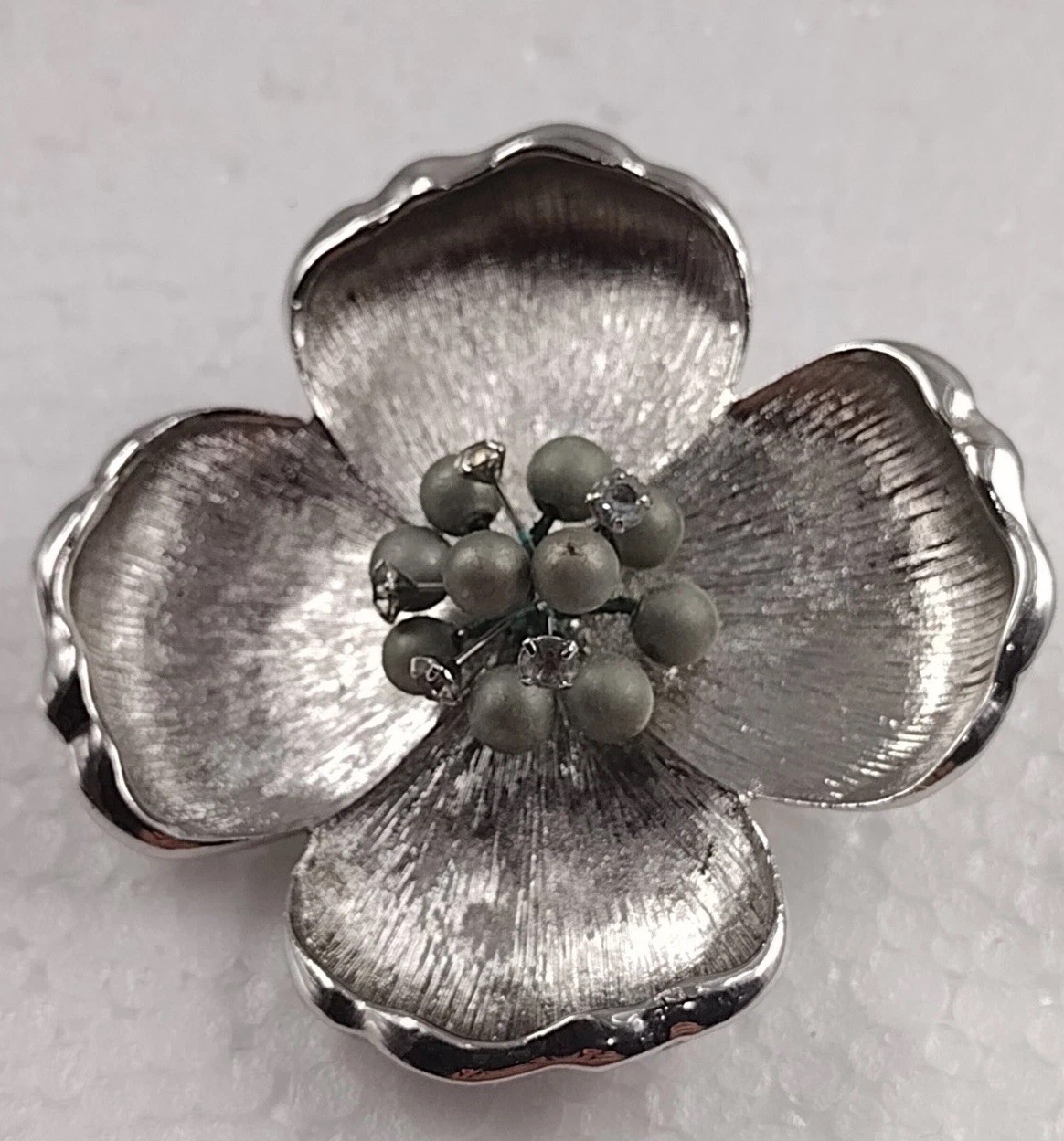 Brooch Pin Brushed Silver Toned Poppy Flower With Rhinestones Simple Style
