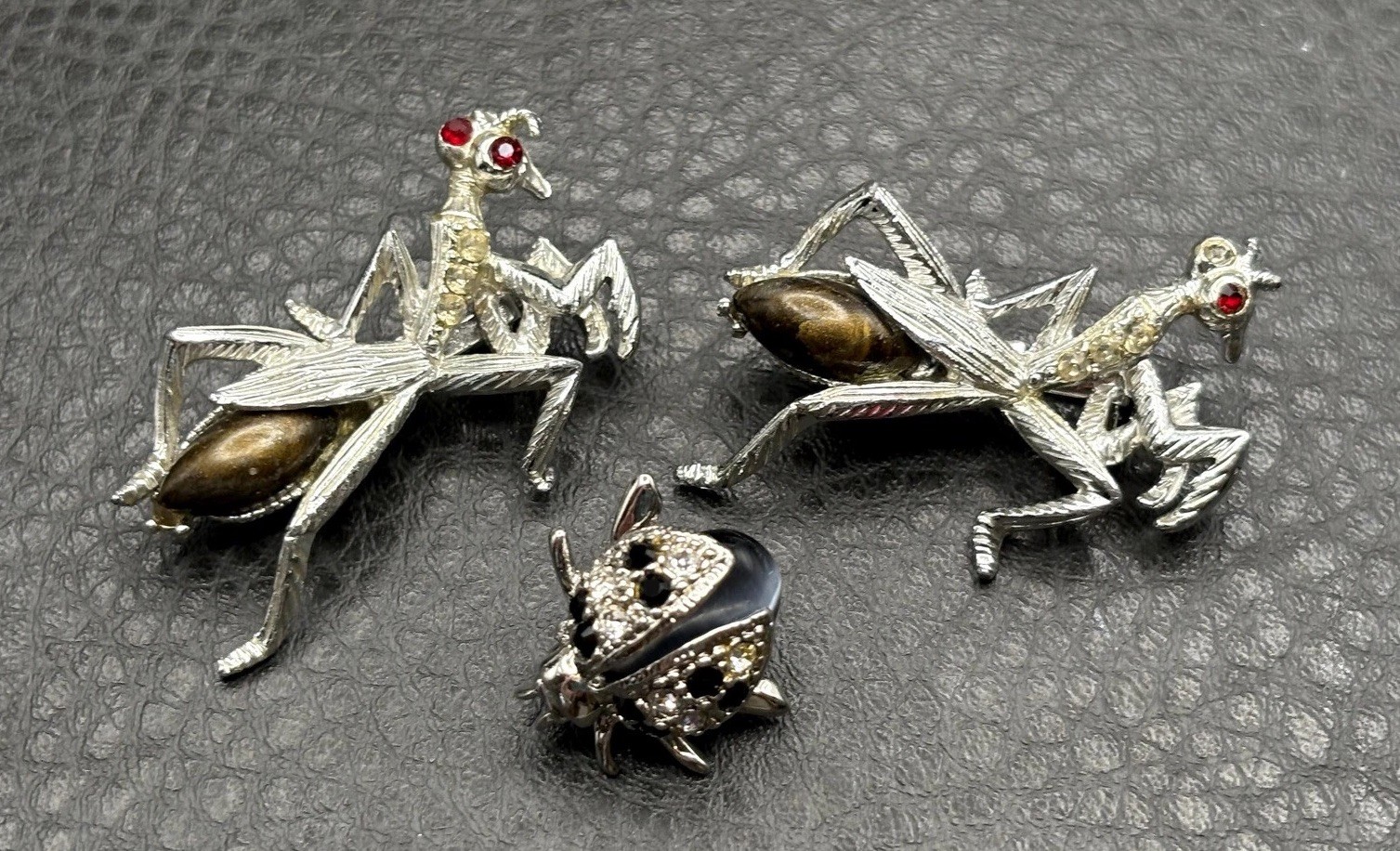 Vintage Lot Of 3 Insects 2 Praying Mantis 1 Beetle Brooch Enamel Crystal Bug Pin