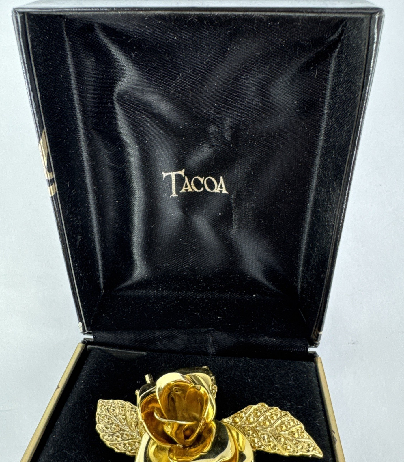 Tacoa Rose Brooch With Matching Earrings Textured Leaves Gold Tone