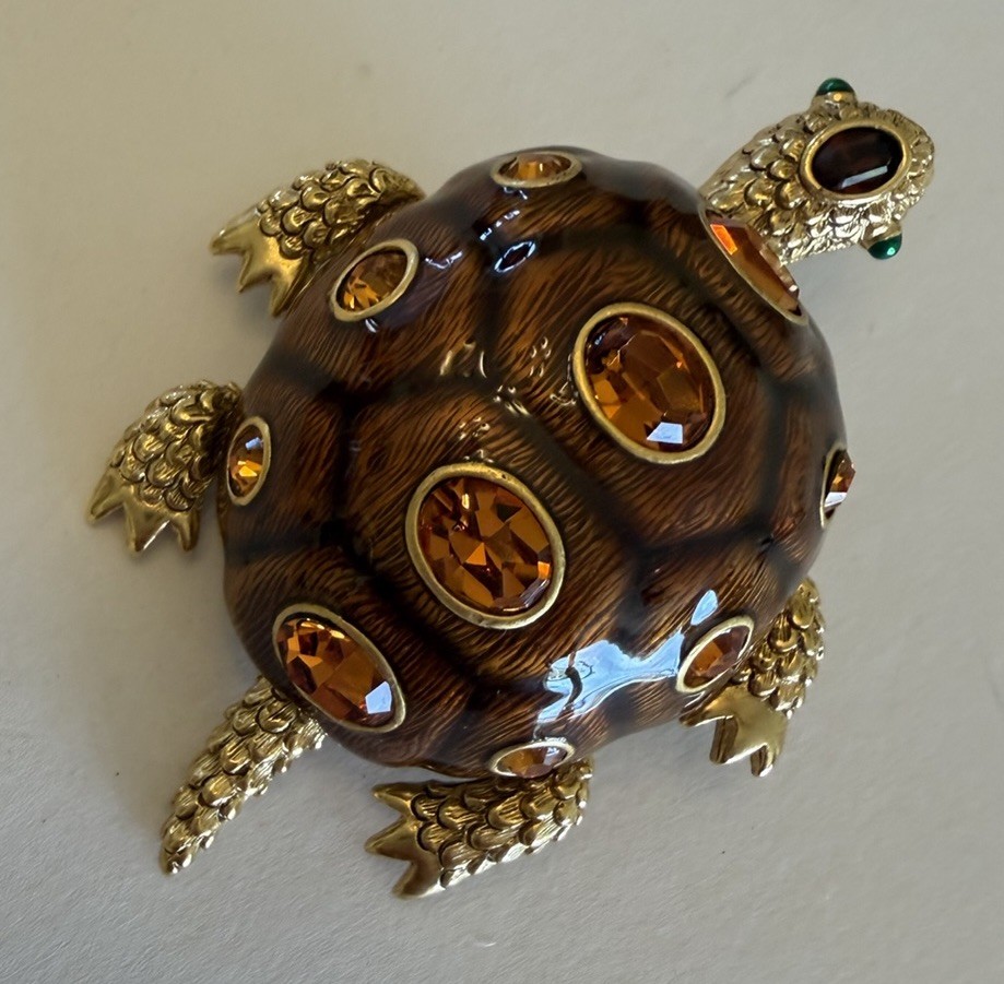 Vintage Joan Rivers Collection Topaz Crystal Enamel Turtle Brooch 3D NOS
