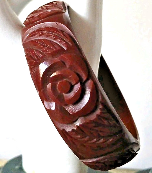 Vtg 1940’s Bakelite Bangle Bracelet Deeply Carved Brown Flower Leaves Tested