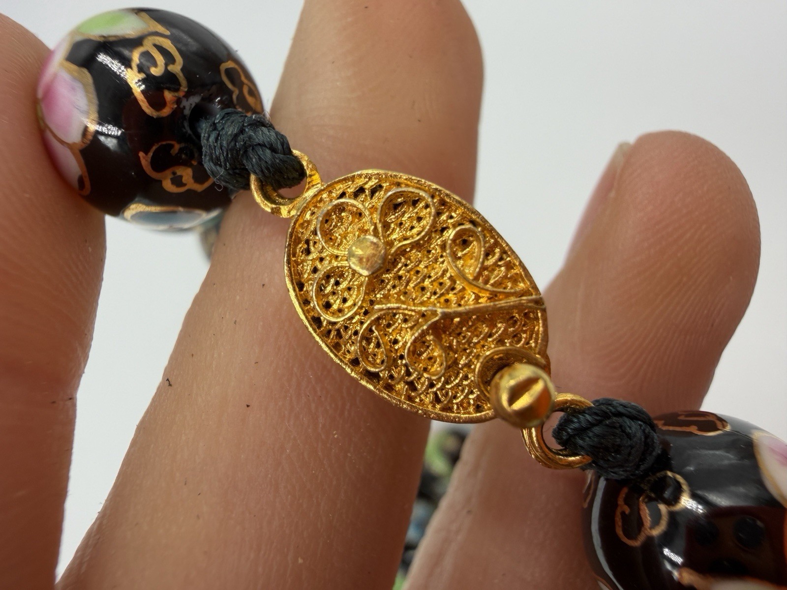 Vintage Necklace Chinese Export Black Round Floral Hand Knot 26 in 11mm