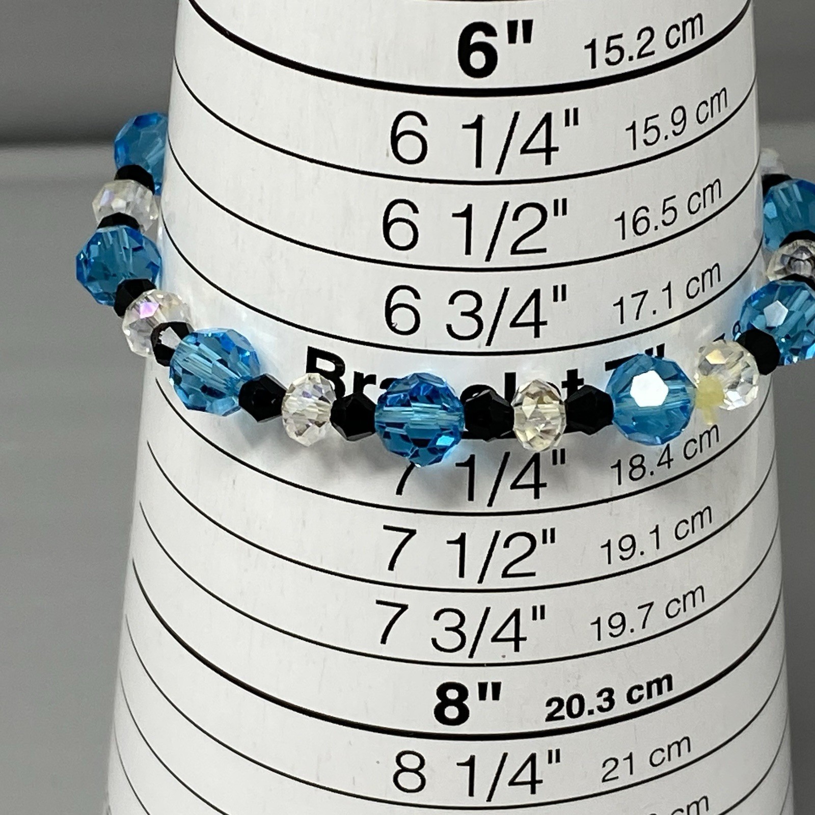 Blue Glass Beaded Bracelet Clear Black Faceted Fire Polished Stretch Elastic 7″