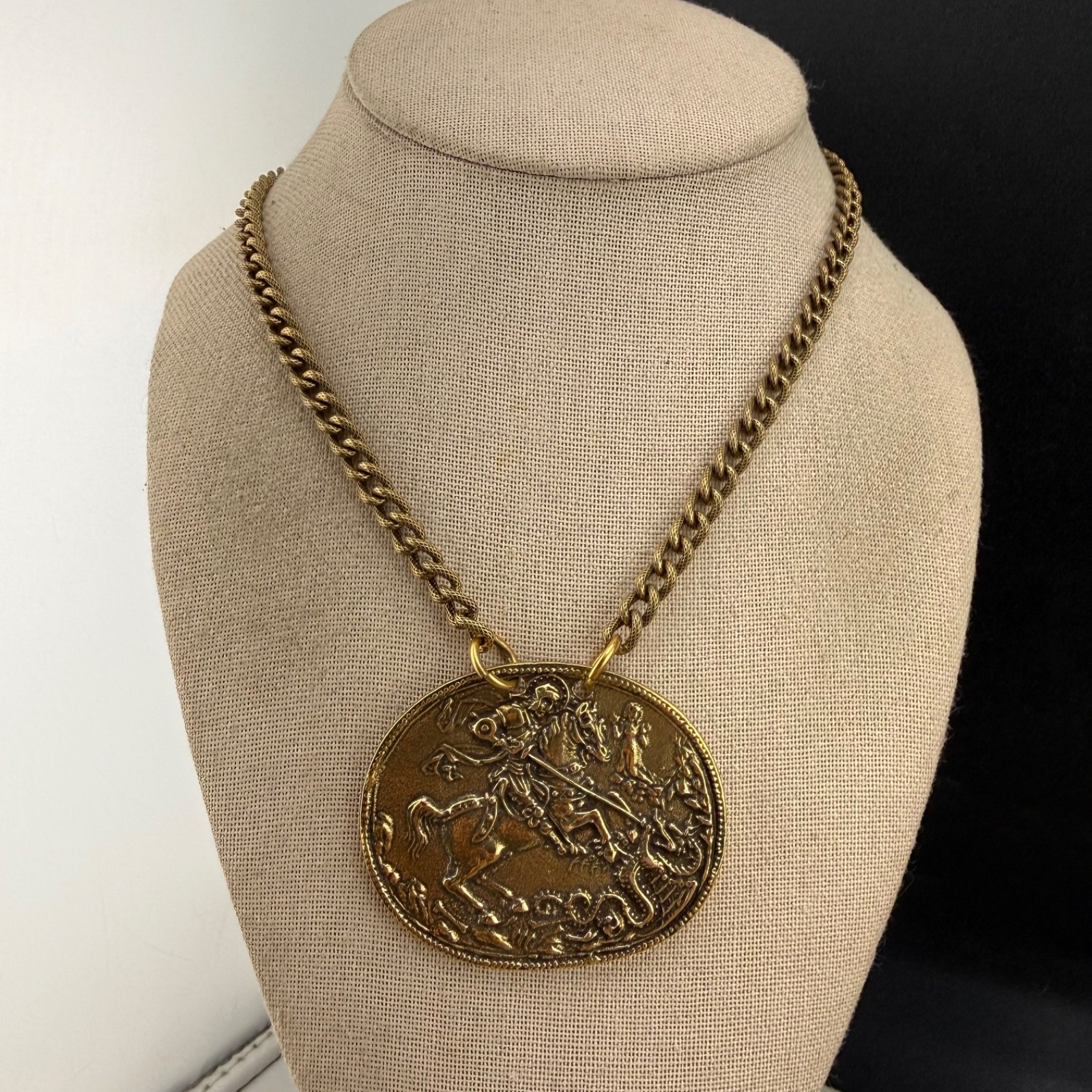 Vintage Alva Museum Replica Necklace Gold Tone “St George Slaying the Dragon” 24