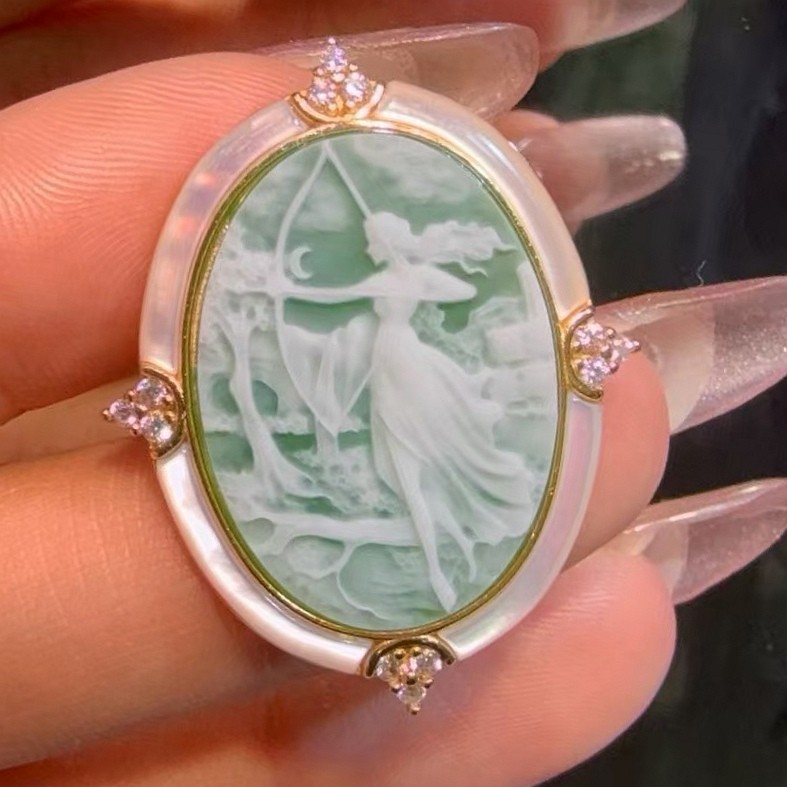 925 silver green Athena Agate cameo brooch pendant vintage estate jewelry