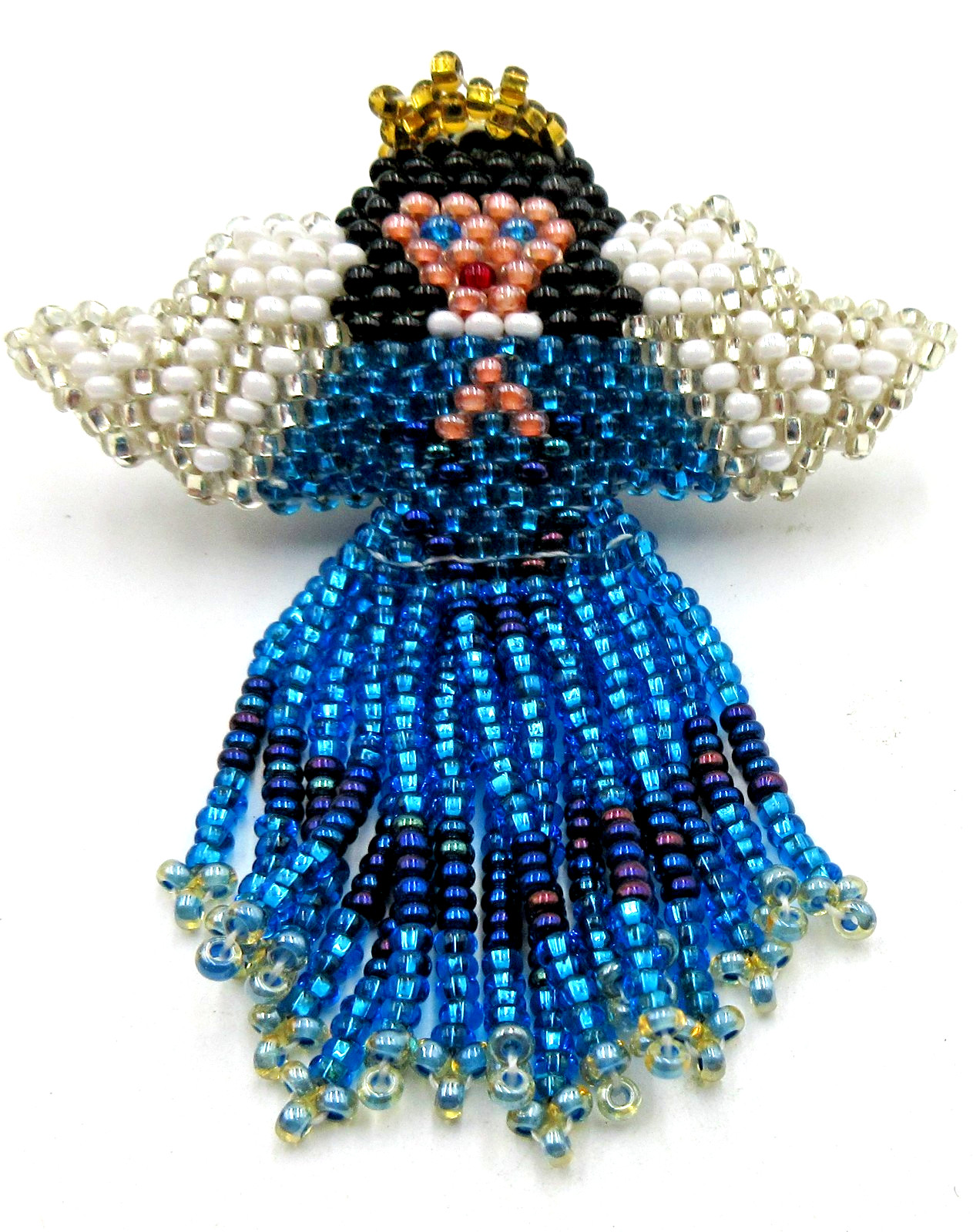 VTG UNUSUAL DANGLE SEED BEADS BIG ANGEL WING Brooch Pin white blu yellow pink