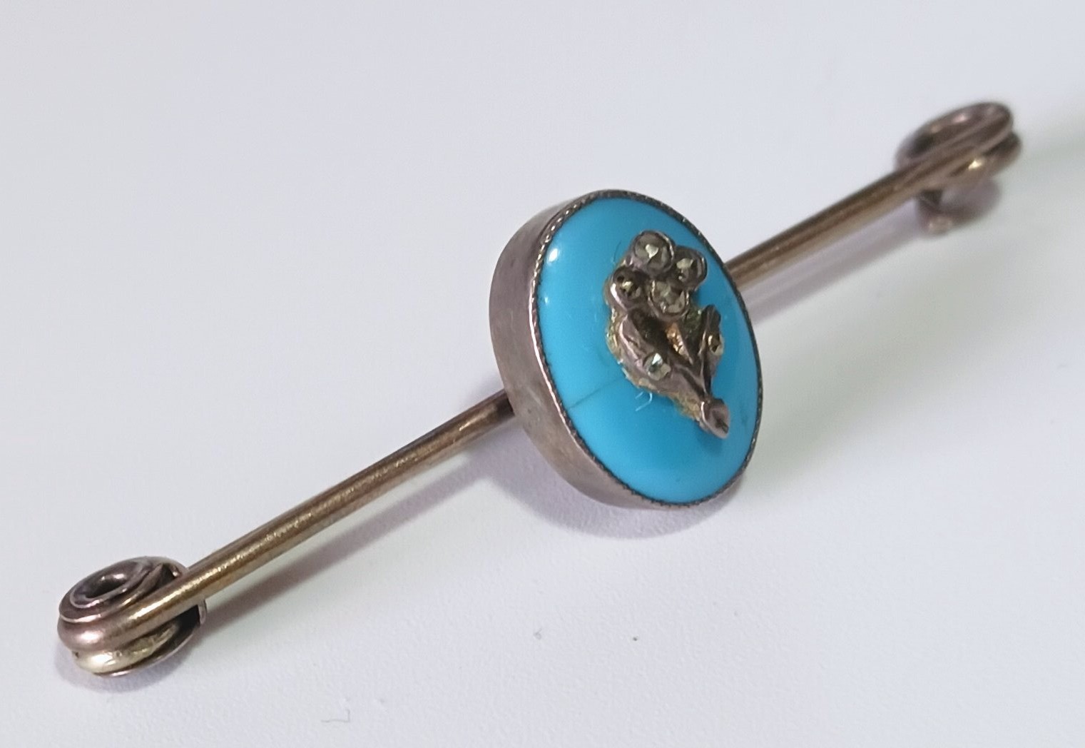 Hallmarked Antique Bar Pin: Turquoise Oval Stone w Marcasite Flower Bouquet