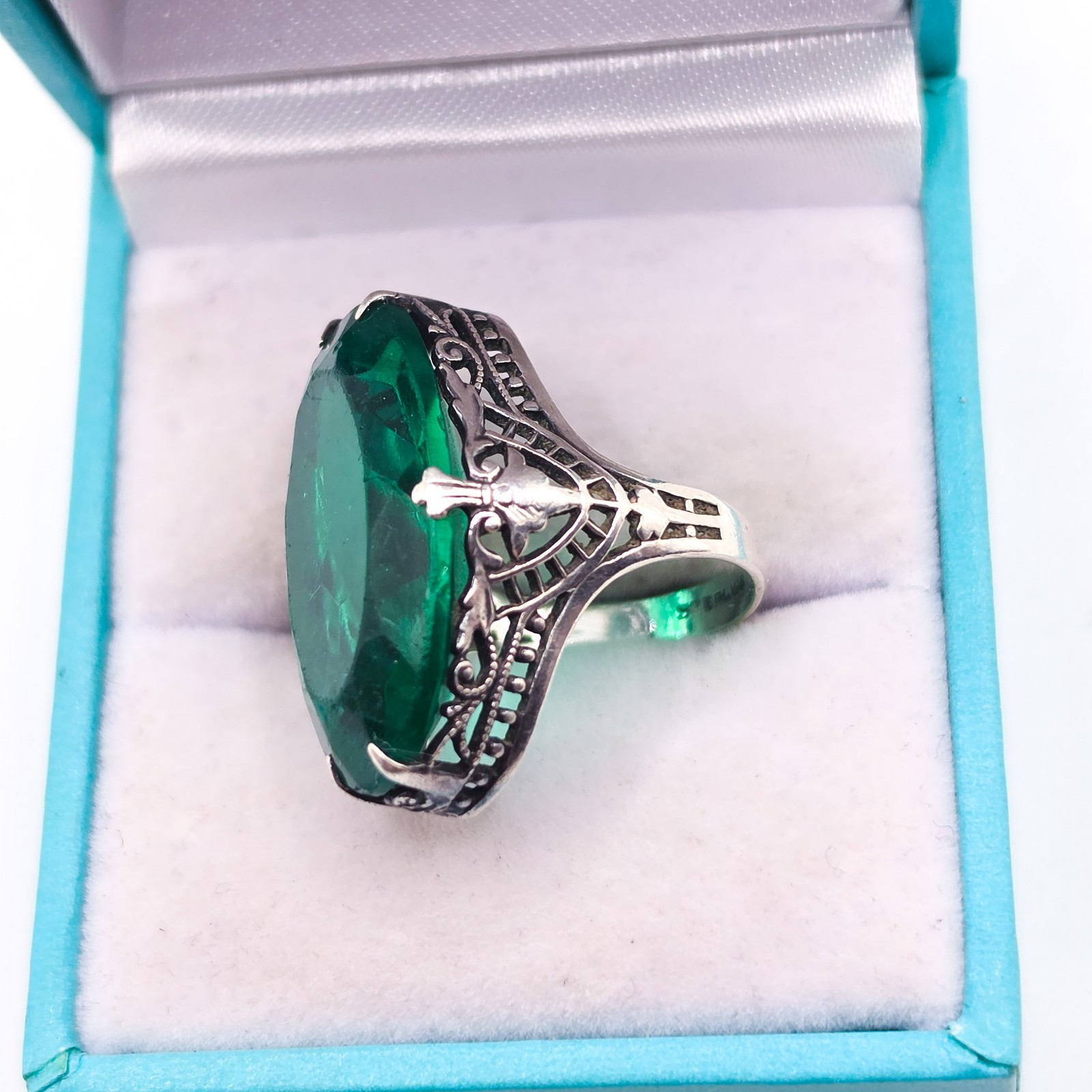 Vintage Art Deco Sterling Dark Green Glass 1930s 925 Silver Size 3.5