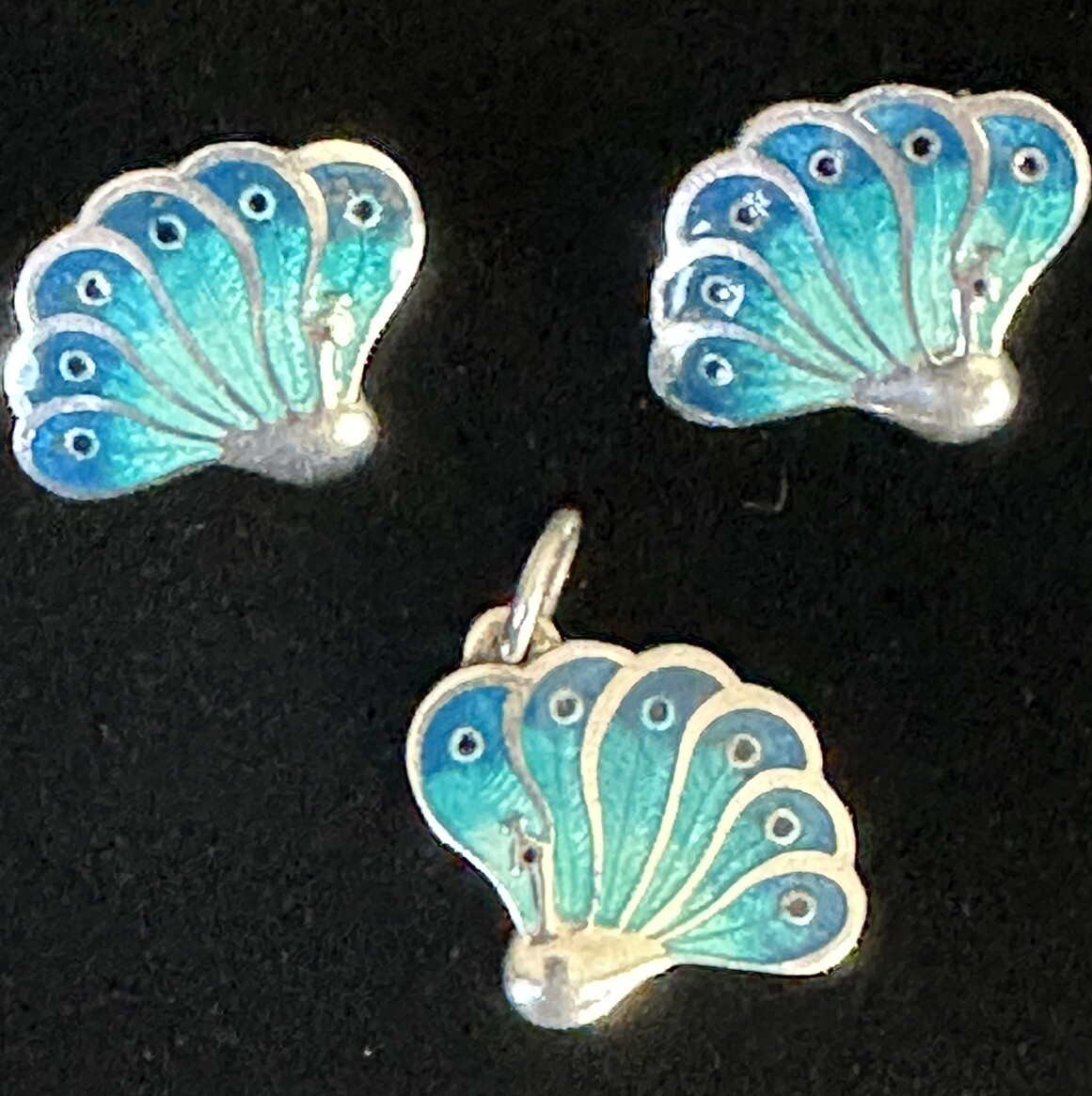 Ramirez 980 Silver Peacock Blue Guilloche Enamel Charm/Pendant & Post Earrings