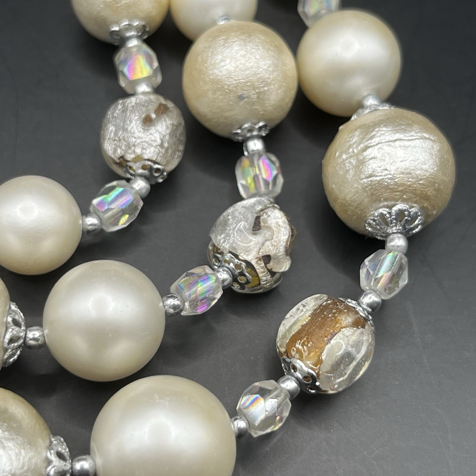 Vintage Japan Necklace Faux Pearls AB Beads Graduated Triple Strand *READ NOTES