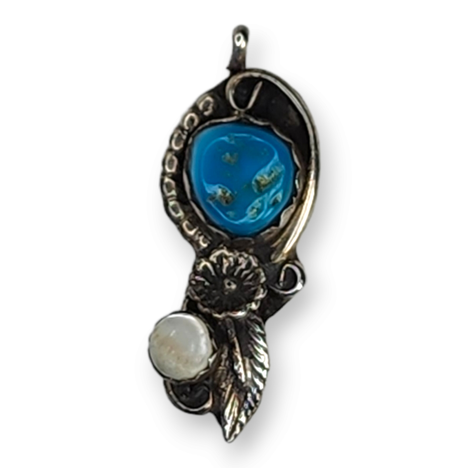 Vintage Sterling Silver 925 Sisteks Turquoise and Mother of Pearl Pendant