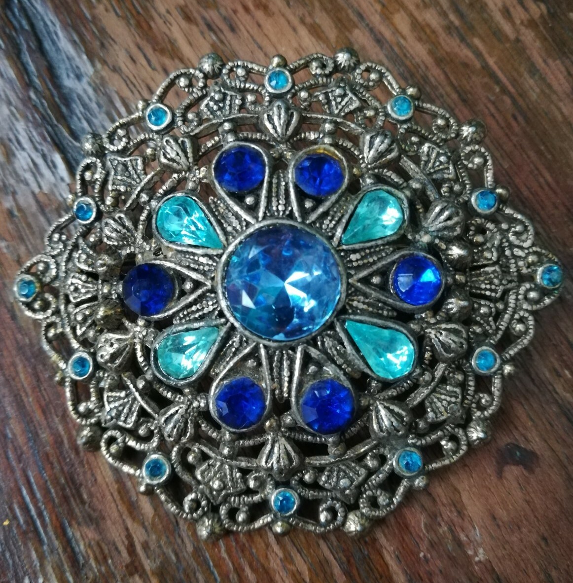 New England Glass Works Antique Brooch Pin Shades of Blue Rhinestones Filigree