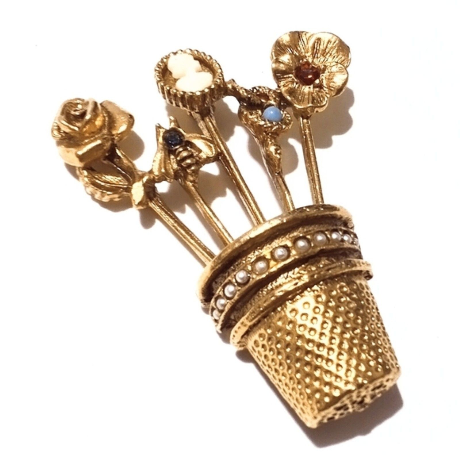 Vintage Mid Century Unsigned Goldette Thimble Floral Bouquet Brooch
