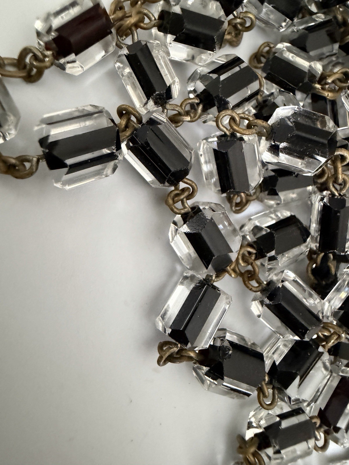 Antique Czech Jet Black & Clear Geometric Glass Bead 60″ + Extra Long Necklace