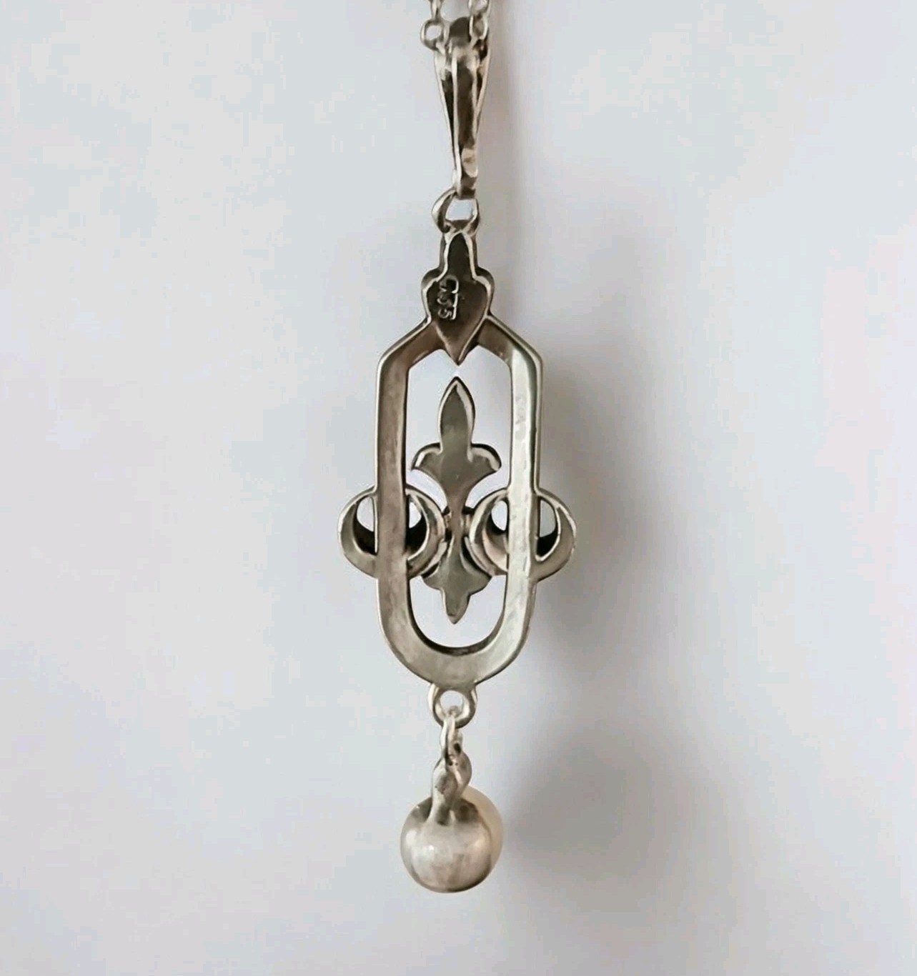 Antique Art Deco 935 Silver Marcasite & Pearl Pendant Necklace 18″, Pristine