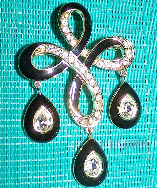 TRIFARI TM signed dangle pin with black enamel & rhinestones-OMG!!