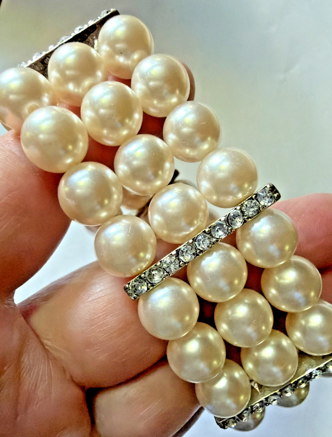 3 Strand Faux 1cm Pearl Rhinestone Stretch Bracelet RMN Signed Roman 1.25 in