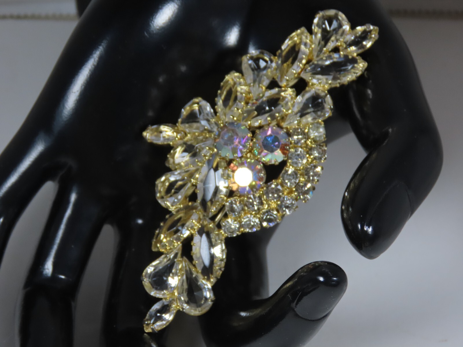 AB Rhinestone Brooch Pin VTG Clear Crystal Cluster Spray Prong Stunning D1580