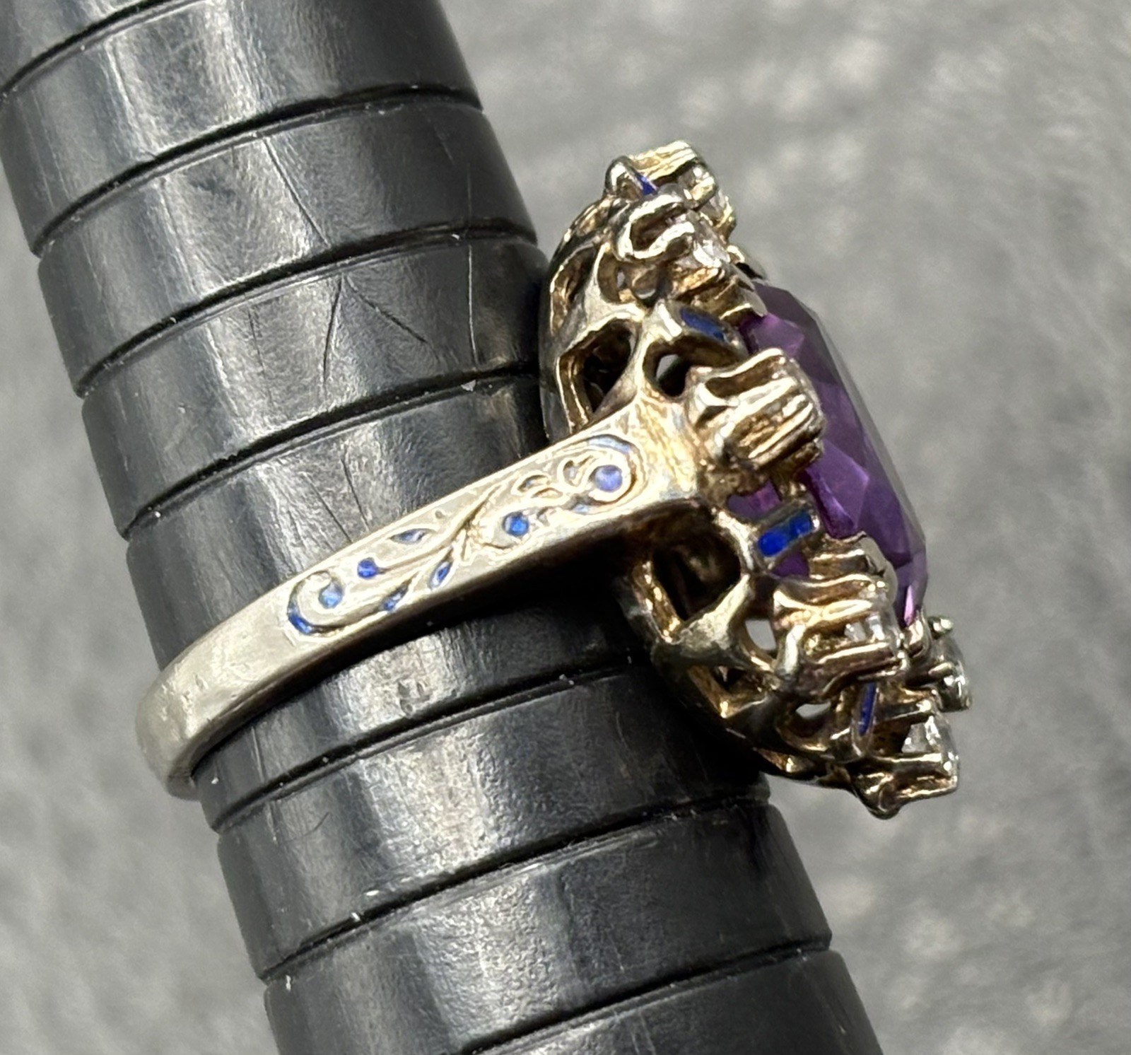 Vintage Huge Purple Sapphire Sterling Silver Blue Enamel Cocktail Ring Size 5.5