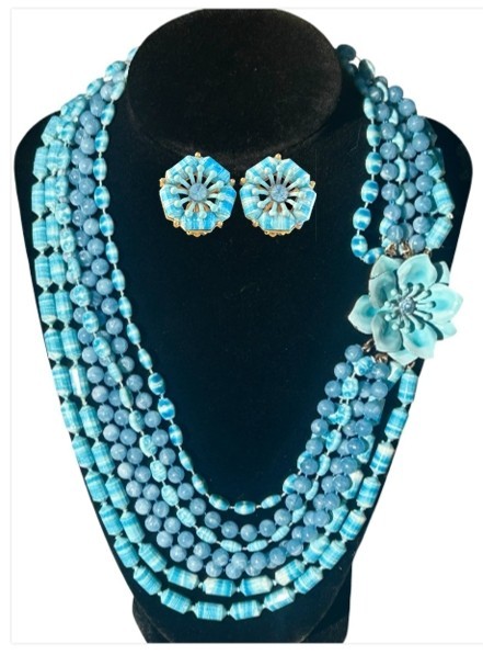 Vintage MCM 7 Strand Beaded Necklace w/ Enamel Floral Clasp & Clip On Earrings