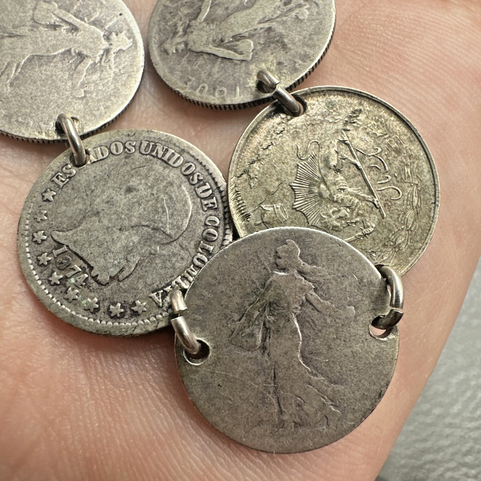 Antique Multinational Coin Link Silver Bracelet Years 1853 – 1903 19g Sz 6.25