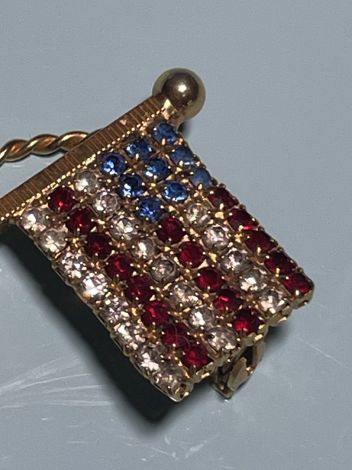 Vintage Rhinestone American Flag Brooch Red White Blue Patriotic Gold Tone Pin