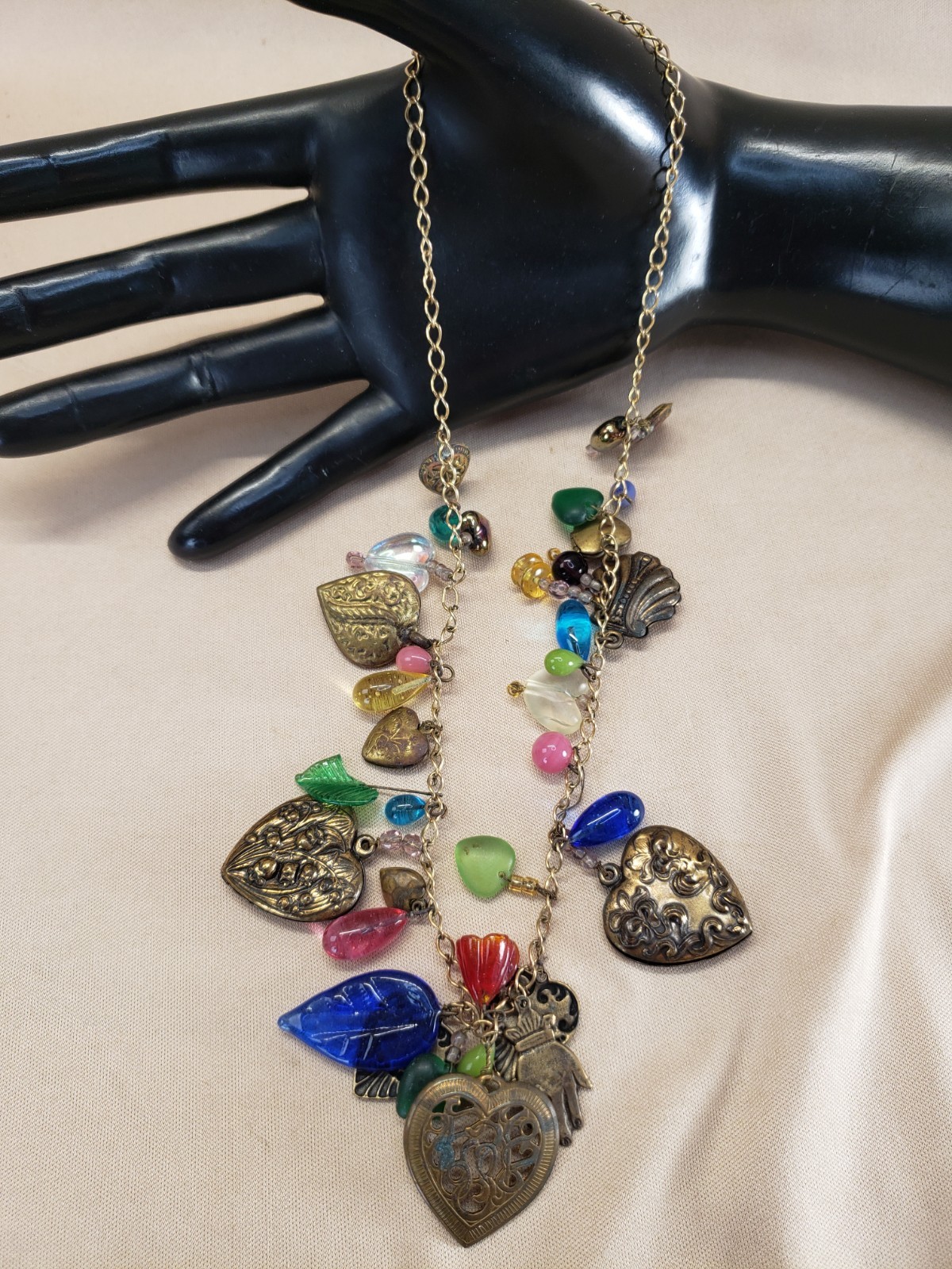 Vintage Ornate Hearts and Glass Charms Necklace Glass Works Studio Style AS IS
