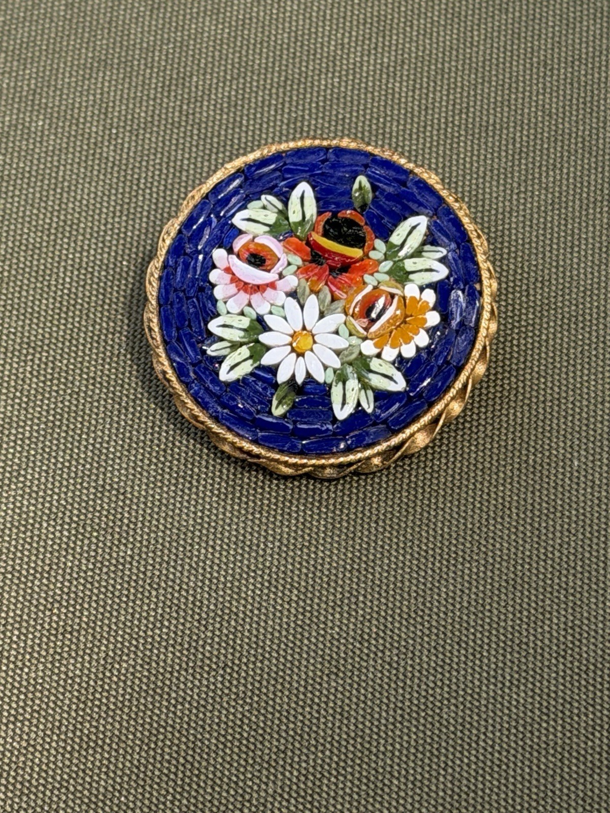 Vtg Italy Micromosaic White Daisy Red Poppy Flower Brooch Pin Cobalt Blue Glass