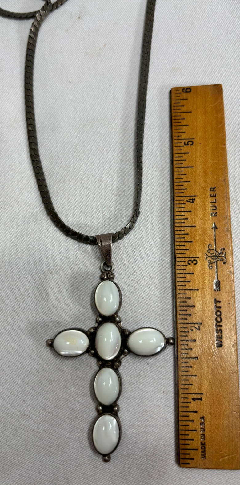 Vtg ATI Mexico Sterling Silver 925 MOP Cross Pendant, Snake Style Necklace 34 gr