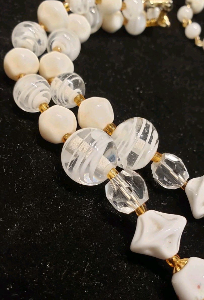 Vtg MCM Bridal Wedding Double Strand White Glass Bead Choker with Gold Accent