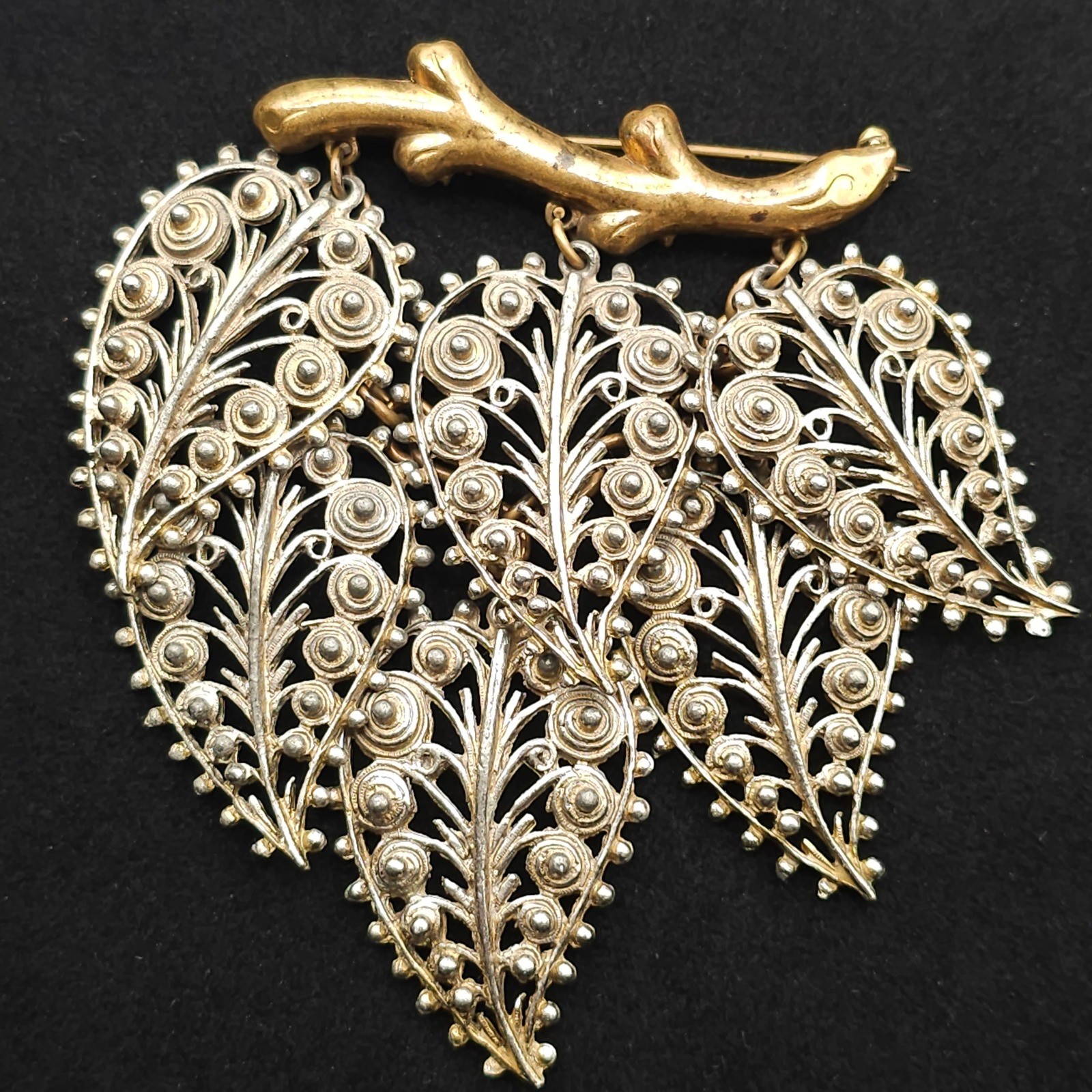 Vintage Filigree Dangle Leaf Brooch Statement Nature Gold & Silver Tone Ornate