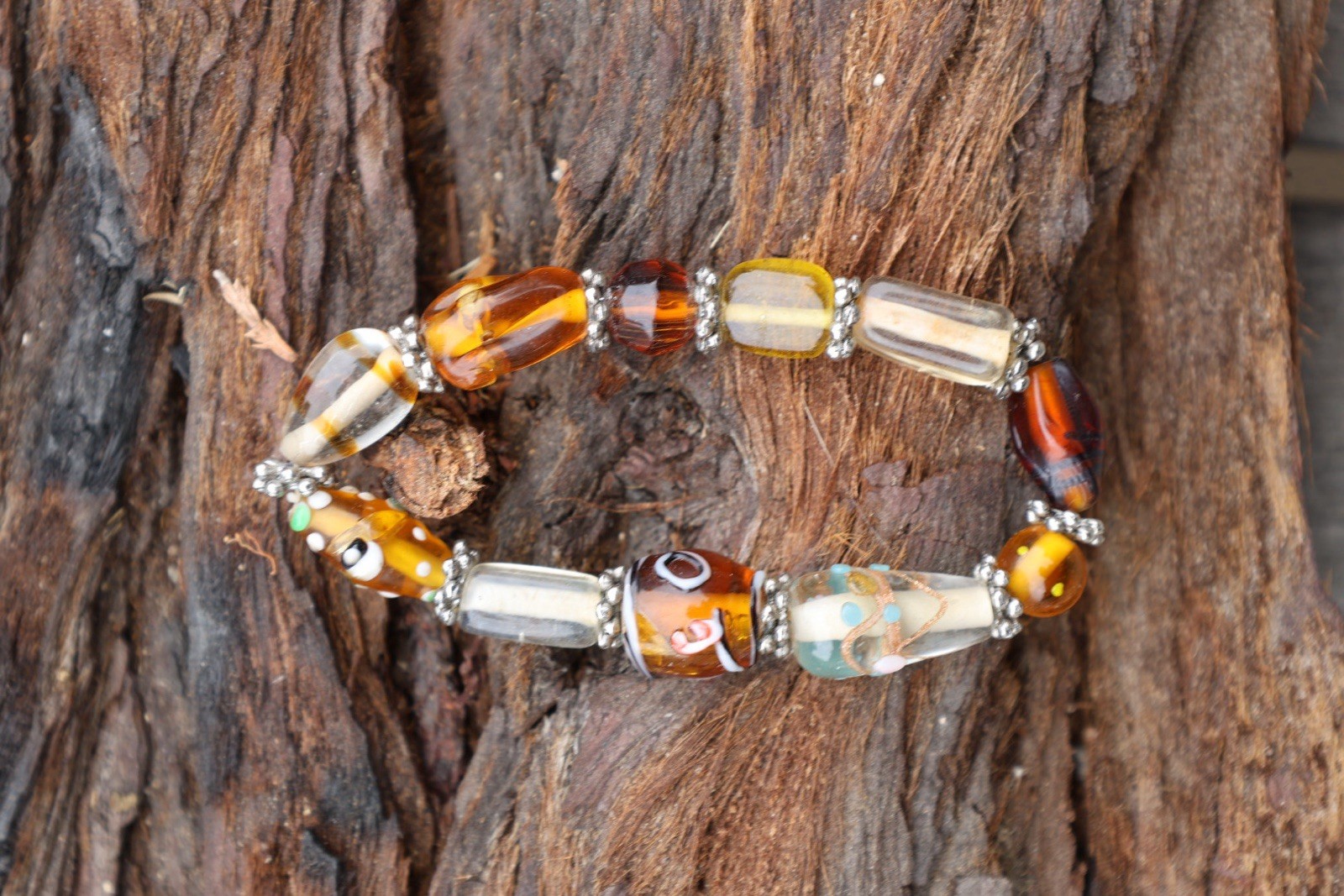 Vintage Lampwork Art Glass Bead Bracelet Amber Millefiori Stretch Boho Statement