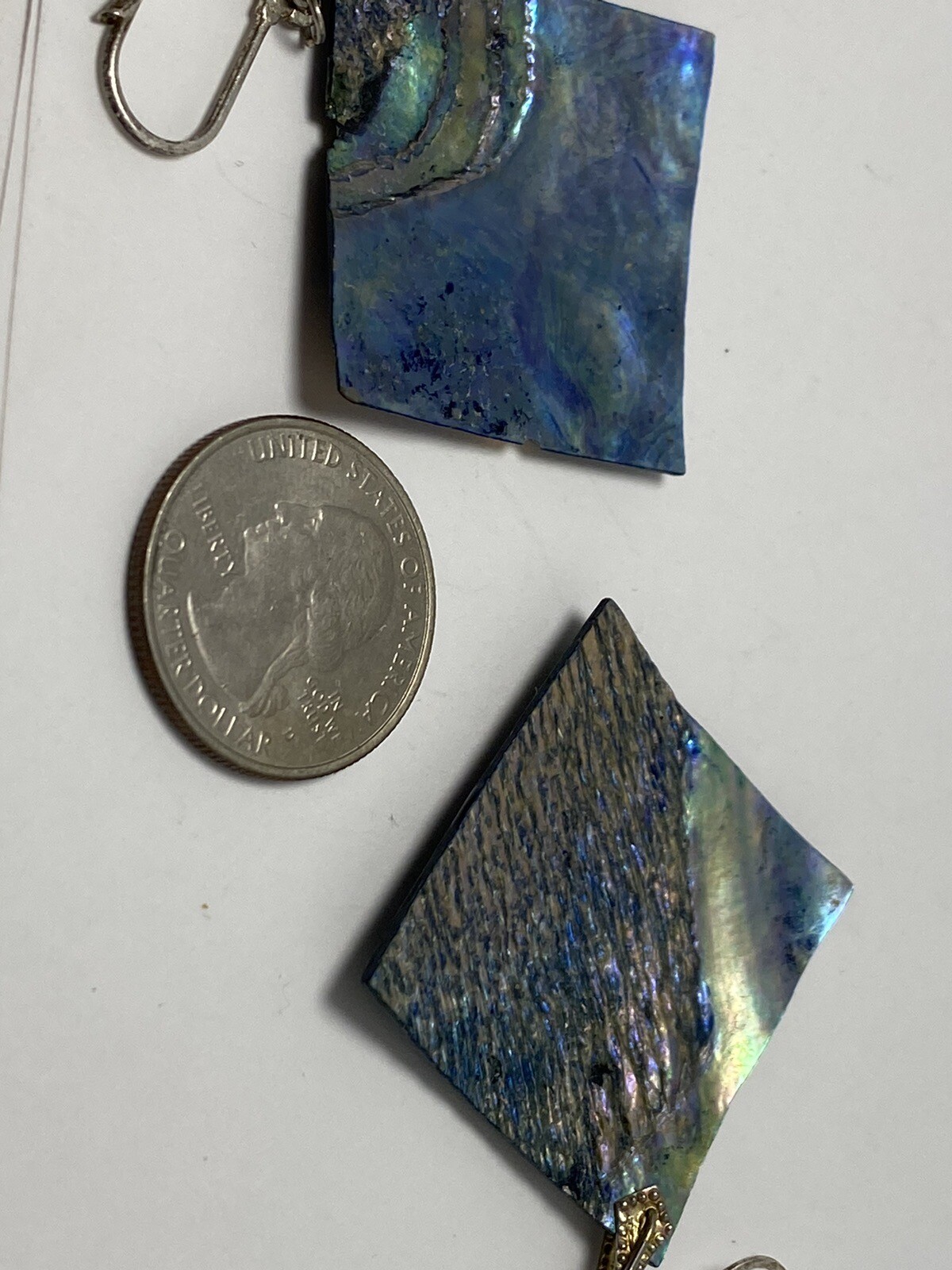 Vintage Large Iridescent Blue Green Abalone Shell Paua Square Dangle Earrings