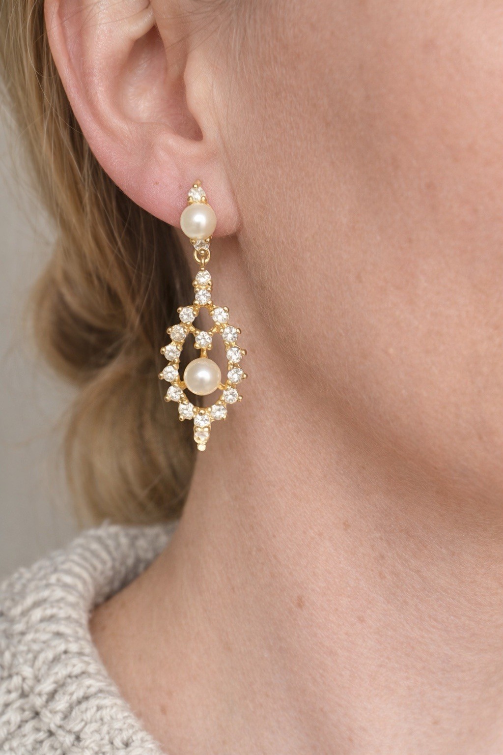 Vintage Pearl Earrings Estate Jewelry Pre-owned Gold Plated Crystal Lozenge Drop