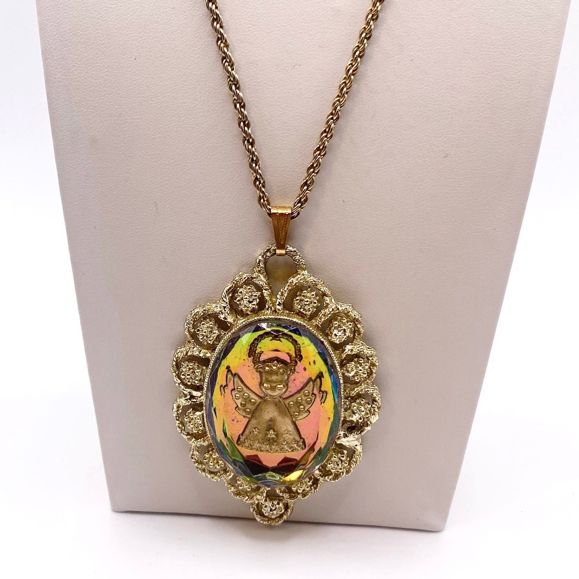 Vintage Glass Angel Intaglio Cameo Chrome Pendant 2″ and Necklace 22” long