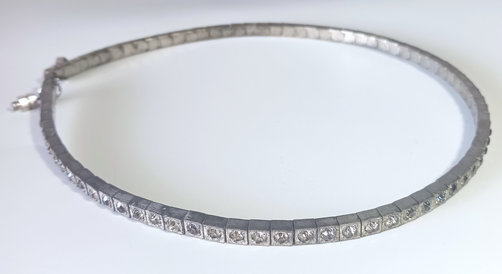 Vtg (Antique?) Silver-tone Clear Rhinestone Rigid Tennis-style Necklace 16″