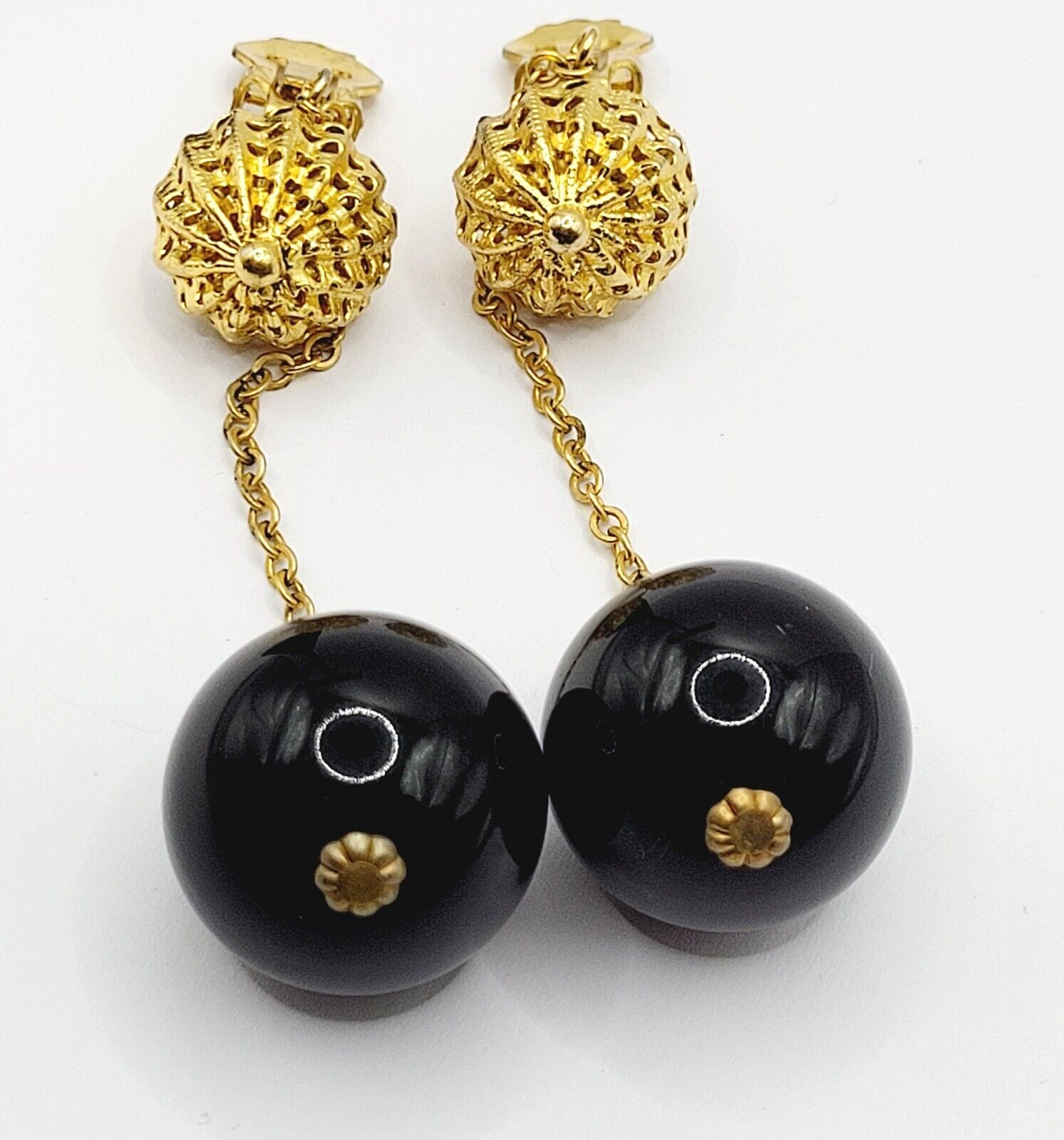 DeNicola Black Ball & Chain Long Drop Dangle Runway Gold Tone Clip On Earrings