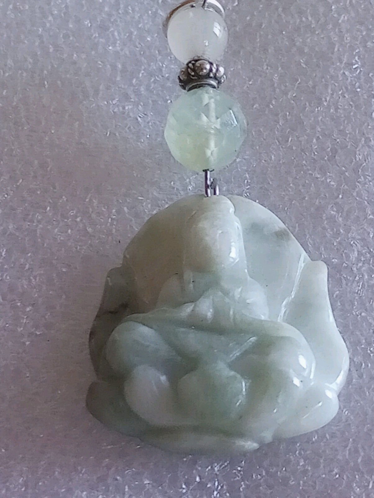 ESTATE HAND CUT JADE QUAN YIN ON A LOTUS W/ HEALING WATER PENDANT JEM STONES