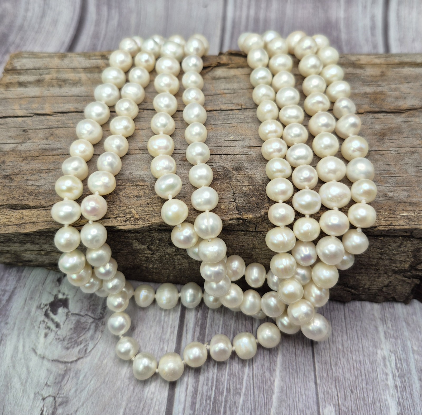 Vintage 52″ Long Single Strand 7-8mm Off White Pearl Necklace June Birthstone