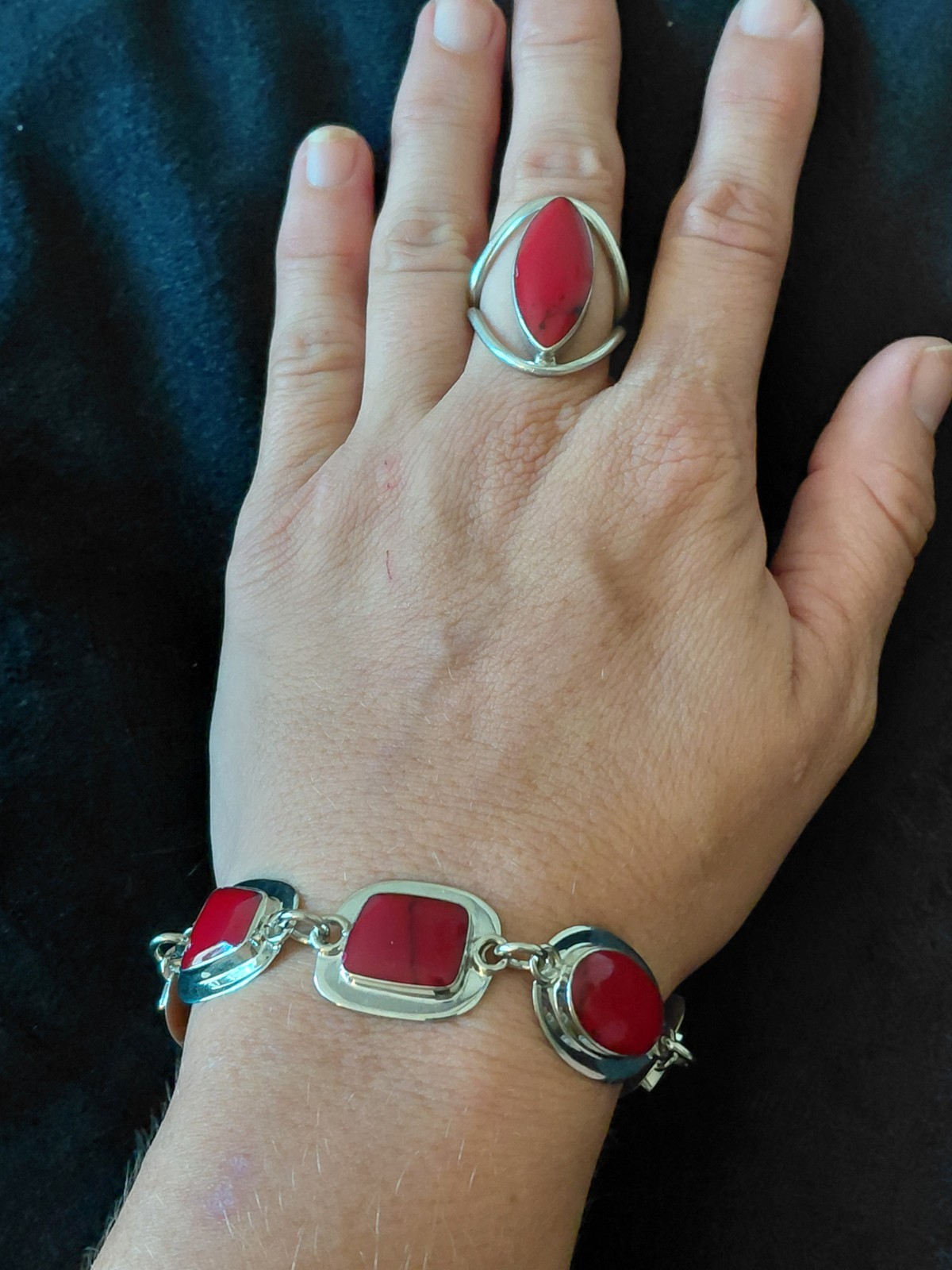 Taxco Vintage Signed ATI Mexico Sterling Silver Red Jasper Bracelet And Ring Set