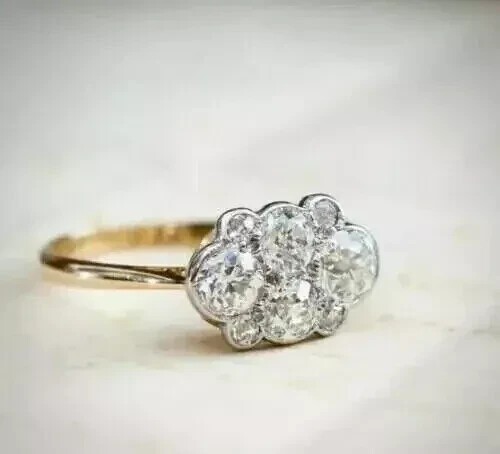 Vintage Cluster Lab Created Diamond Ring Antique Cloud 14K Two-Tone Gold Over