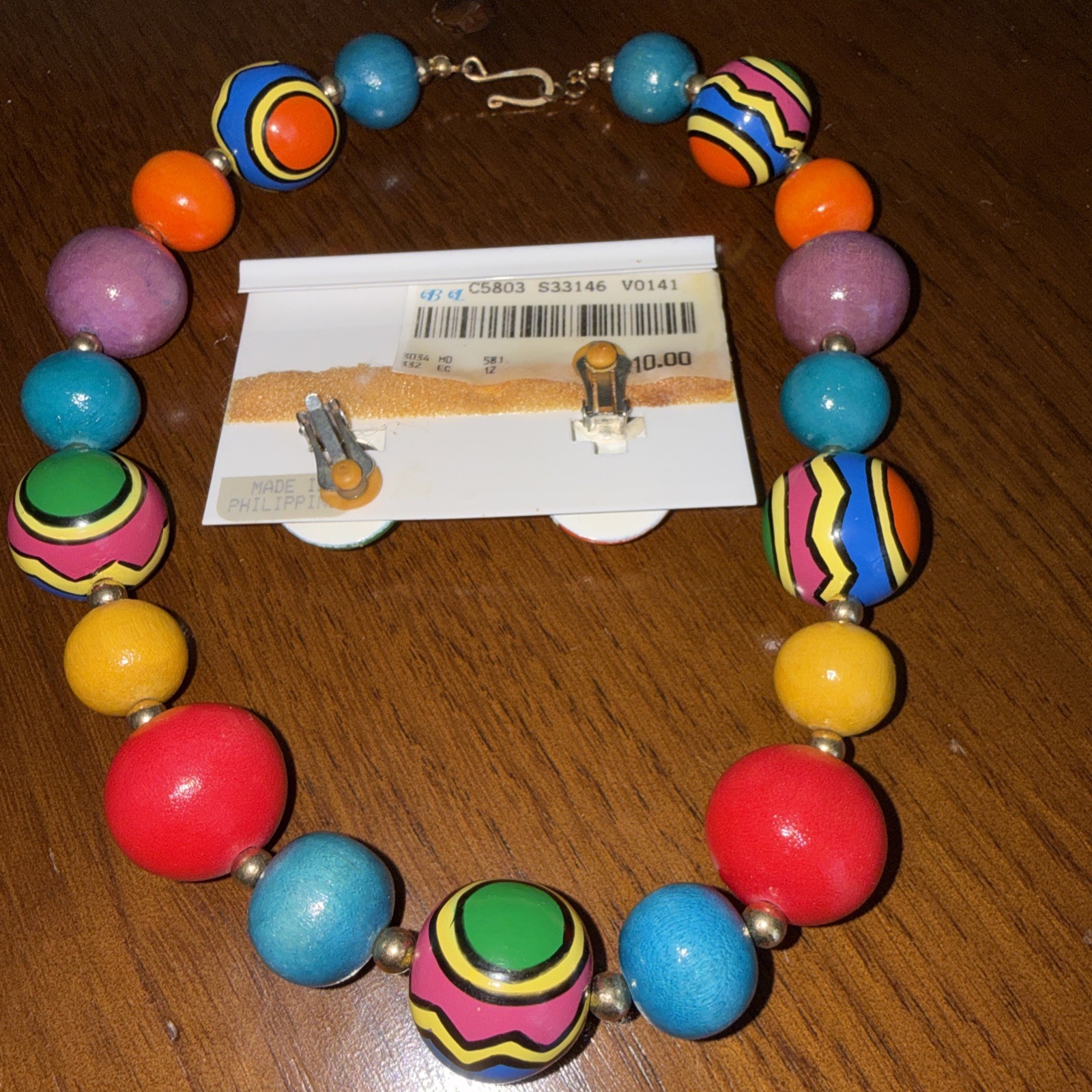 Vintage Tacoa 1908s Painted Beads In Geometric Design Necklace Earrings Set