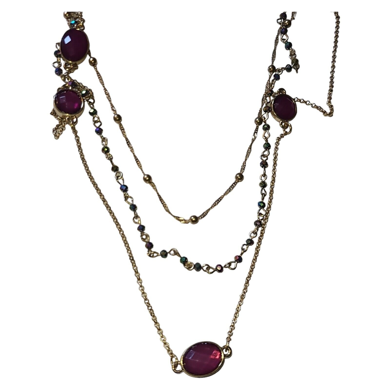 Gold Tone 3 Strand Aurora Borealis Crystal & Pink Acrylic Station Necklace 32″