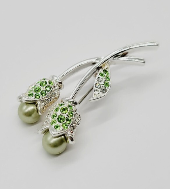 Vintage Flower Bouquet Brooch Green Faux Pearls Silver Tone Crystal Accent