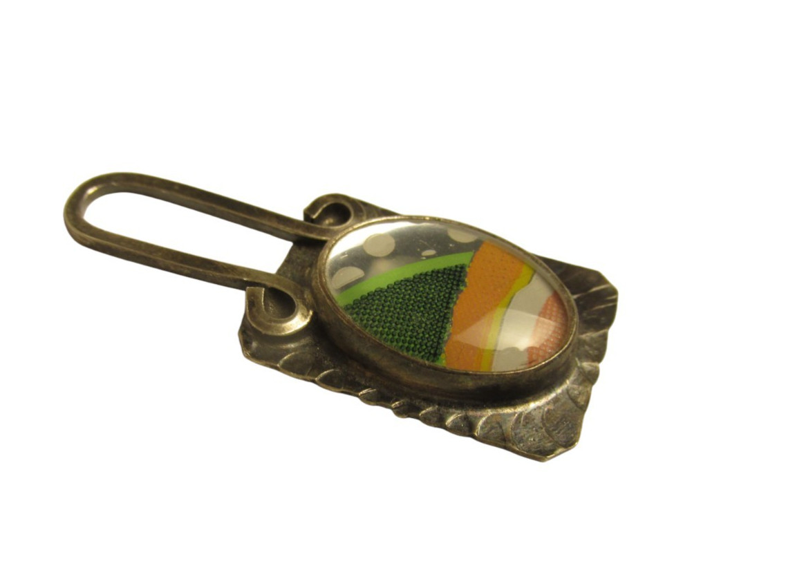 Sterling Silver Pendant Glass Domed Top Abstract Design Artisan Vintage Signed