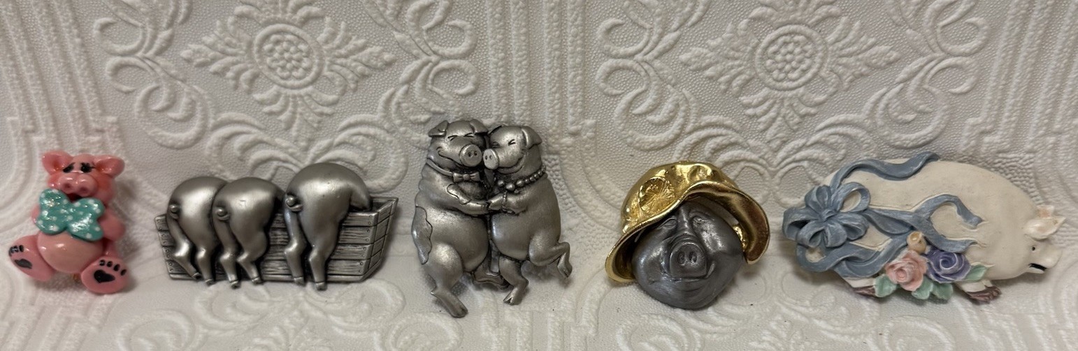 Vintage Pig Brooch Pins *Lot Of 5* Some Signed JJ Silver Tone Pewter Ceramic 3D