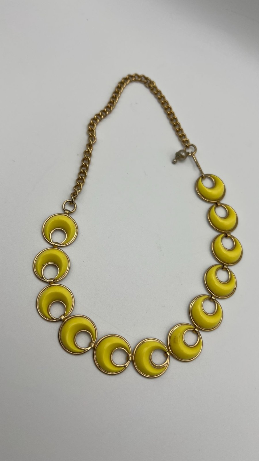 Vintage Yellow Crescent Moon Enamel Necklace With Gold-Tone Chain And Hook Clasp