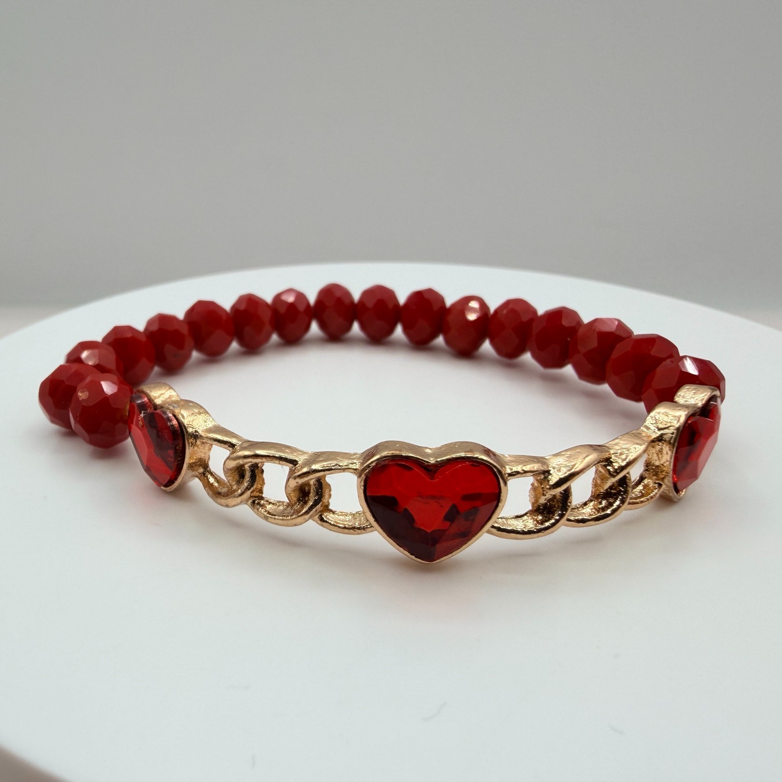 Vintage Gold Tone Red Crystal Heart Jewelry Set Ring Bracelet Post Stud Earrings
