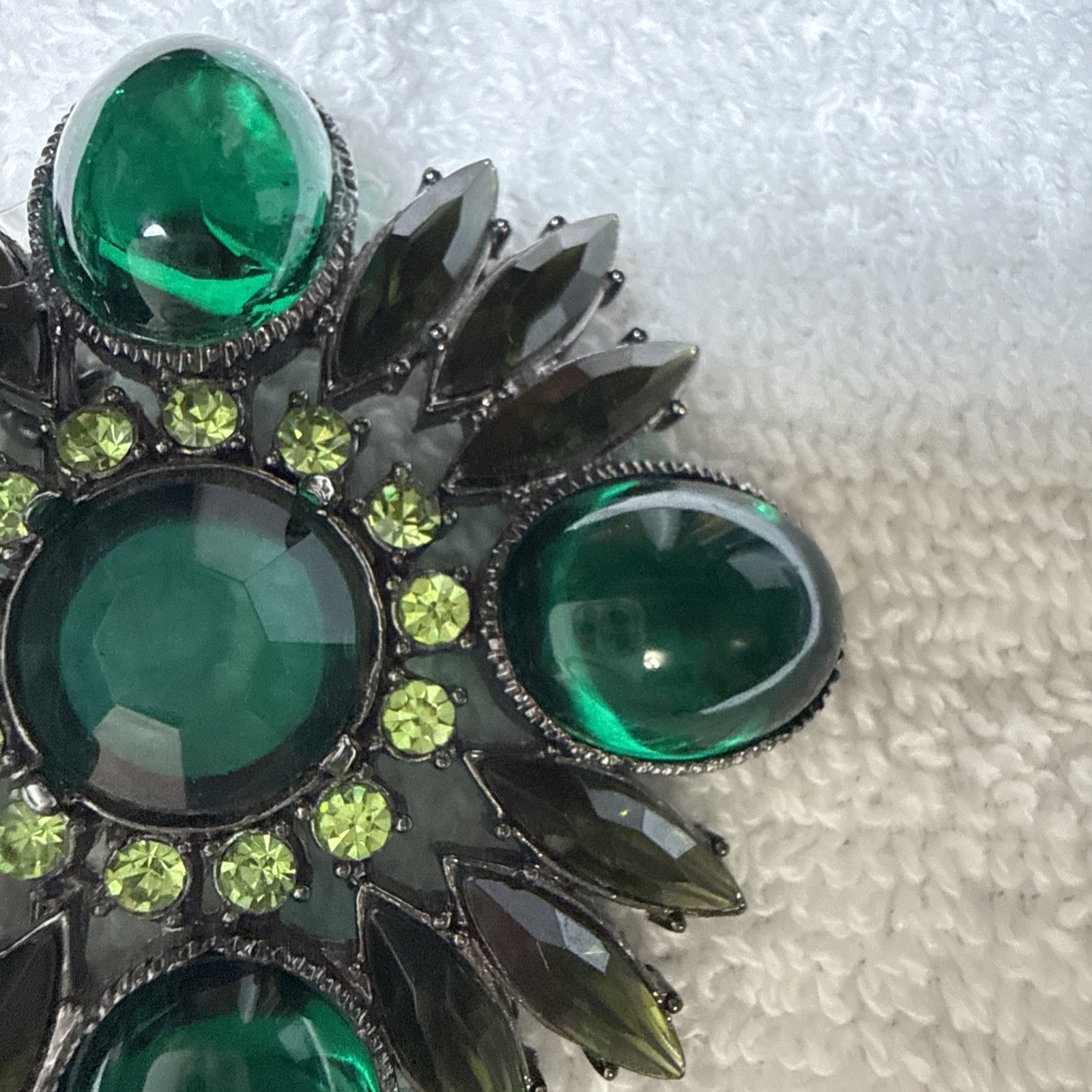 Vintage Emerald And Lime Green Floral Art Brooch With Silver Tone Back
