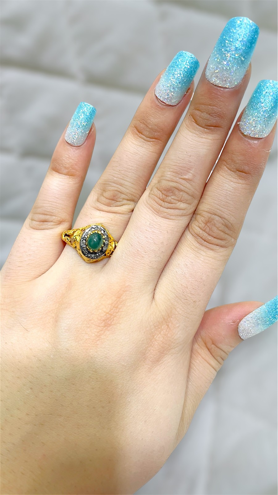 Natural Emerald & Diamond Ring, 14k Gold Plated Victorian Jewelry Gift For Her